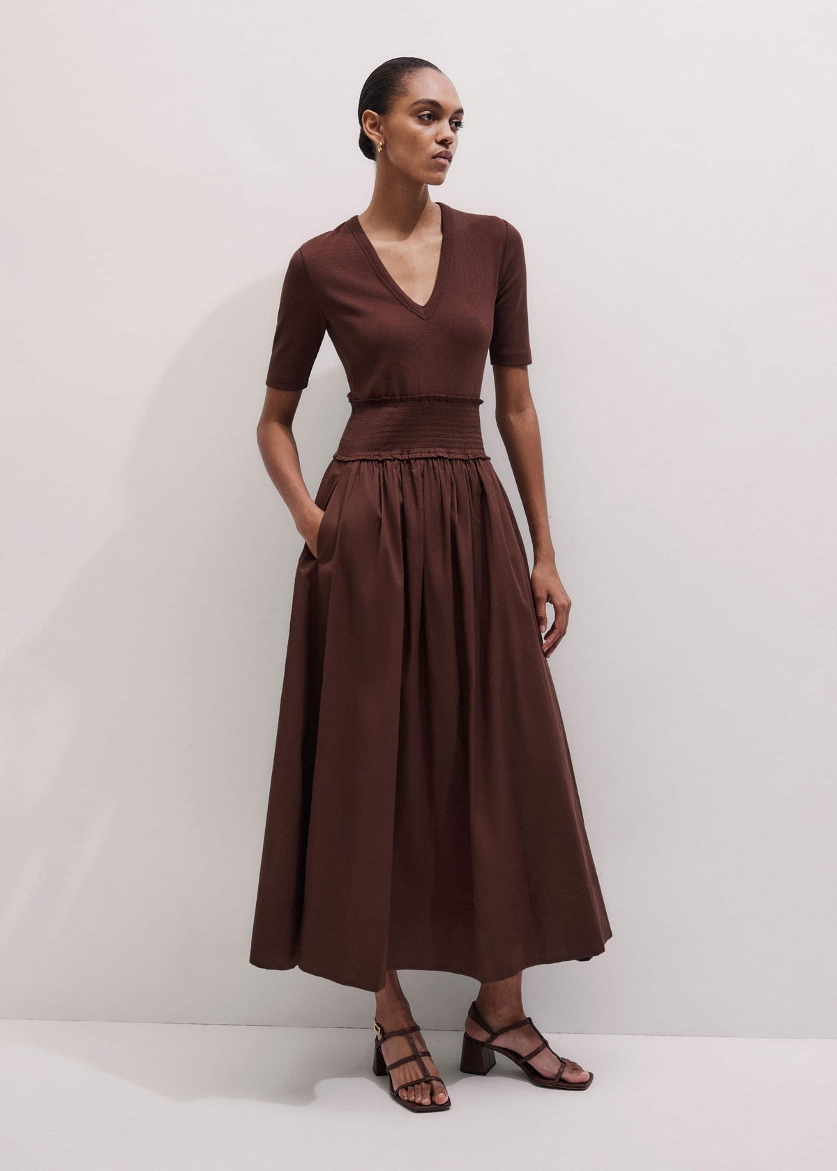 ME+EM Cinnamon V-Neck Smocked Skirt Mixed Media Maxi Dress