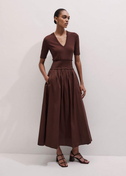 ME+EM Cinnamon V-Neck Smocked Skirt Mixed Media Maxi Dress