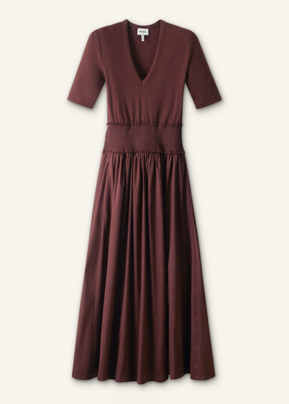 ME+EM Cinnamon V-Neck Smocked Skirt Mixed Media Maxi Dress