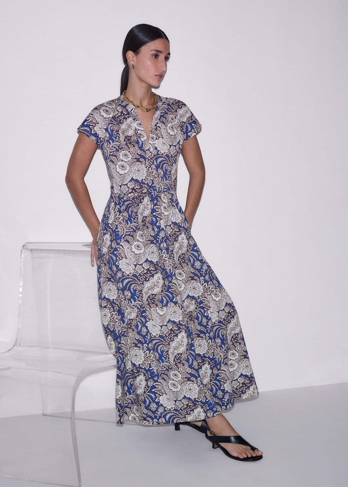 ME+EM Blue Elaborate Botanical Tiered Maxi Dress