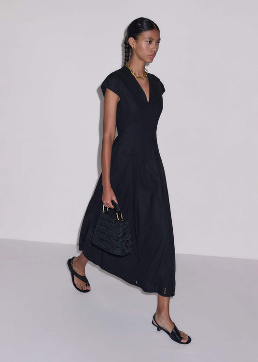 ME+EM Black Crease-Less Linen Embroidered Maxi Dress