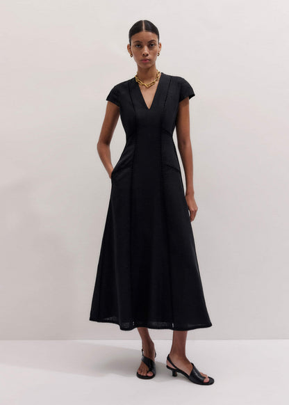 ME+EM Black Crease-Less Linen Embroidered Maxi Dress