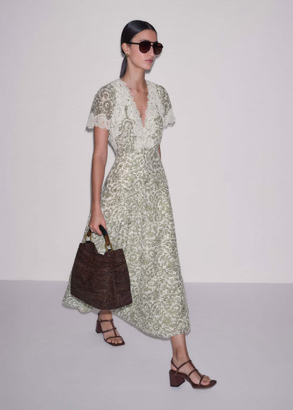 ME+EM Green Silk Cotton Lace Trim Maxi Dress