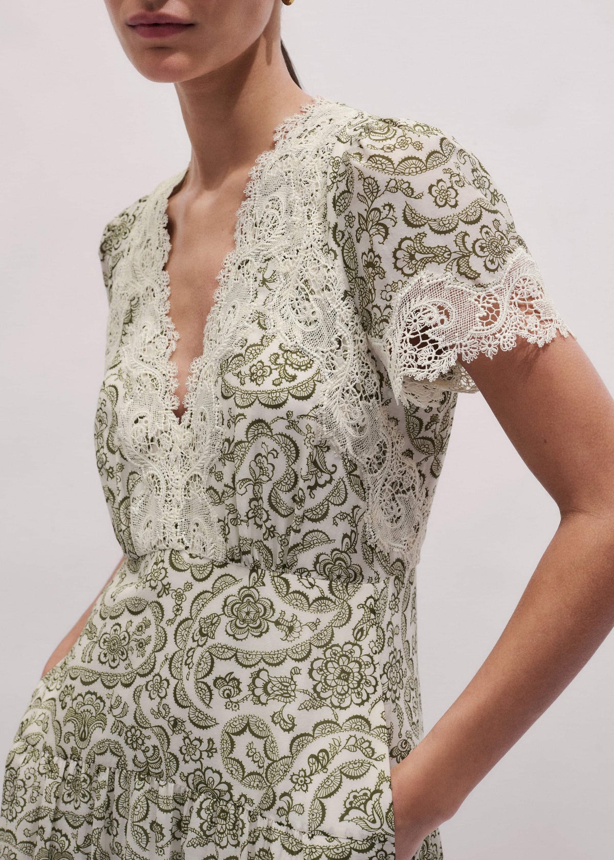 ME+EM Green Silk Cotton Lace Trim Maxi Dress