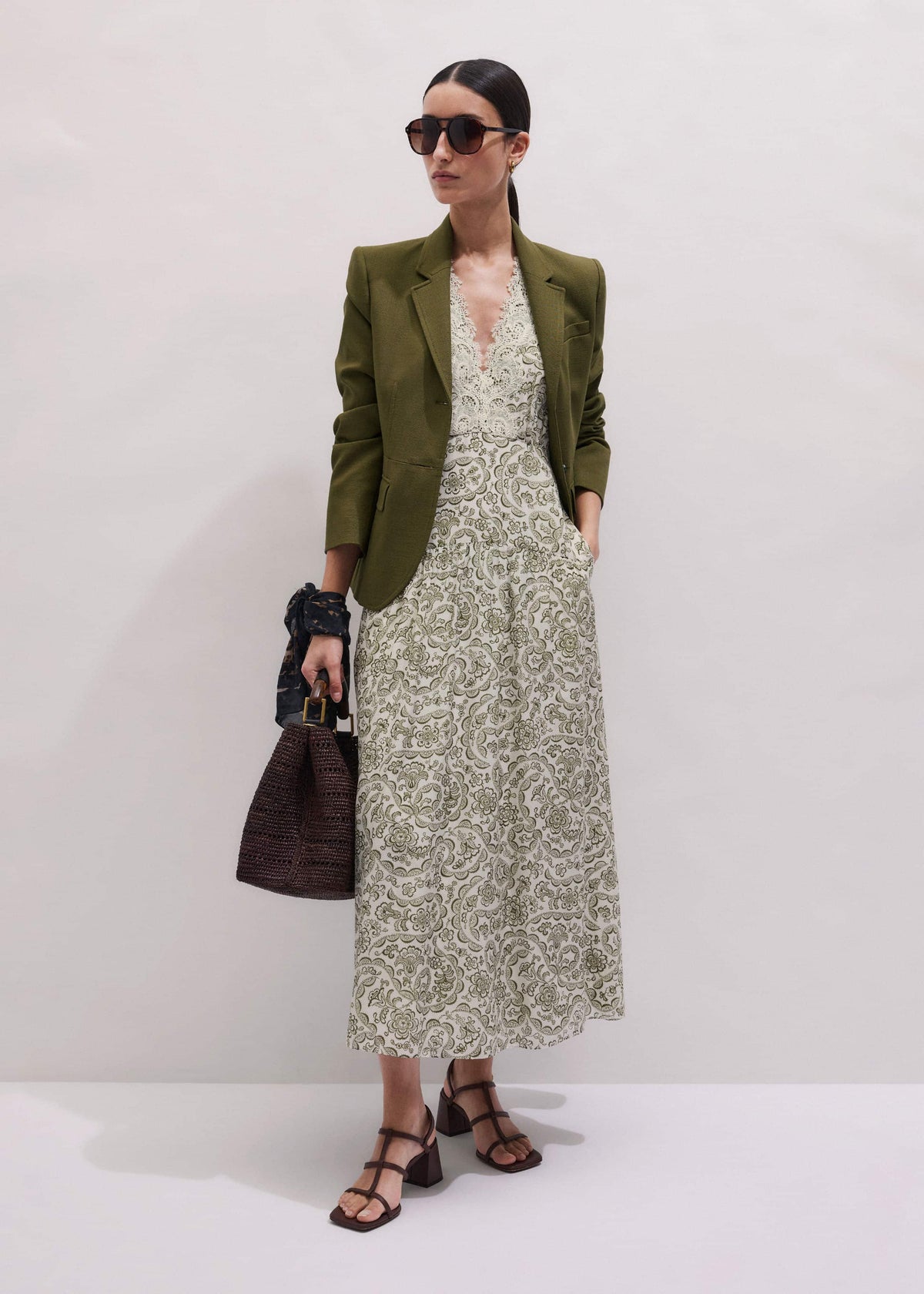 ME+EM Green Silk Cotton Lace Trim Maxi Dress