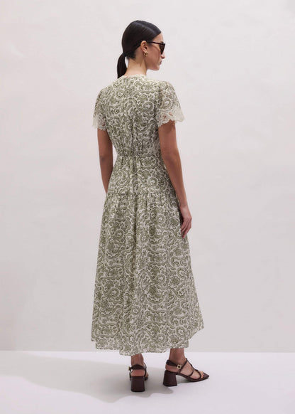 ME+EM Green Silk Cotton Lace Trim Maxi Dress