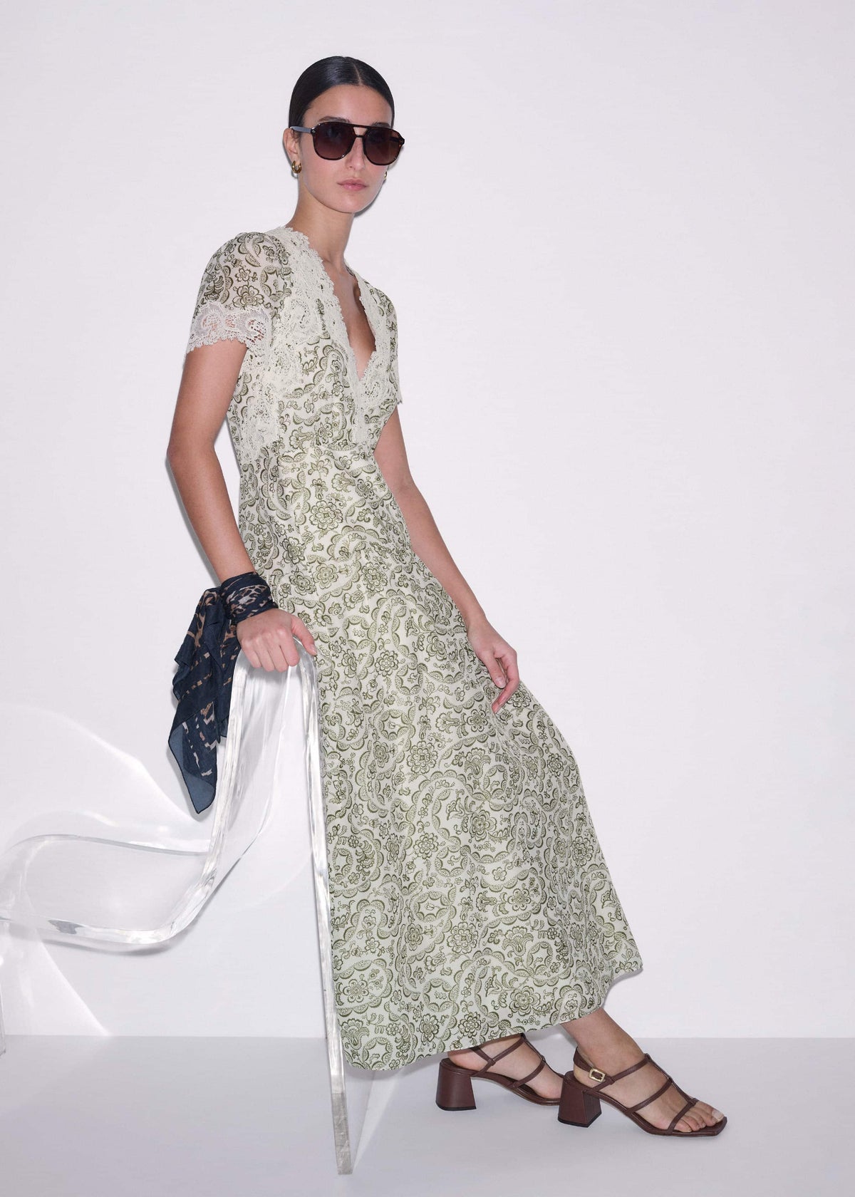 ME+EM Green Silk Cotton Lace Trim Maxi Dress