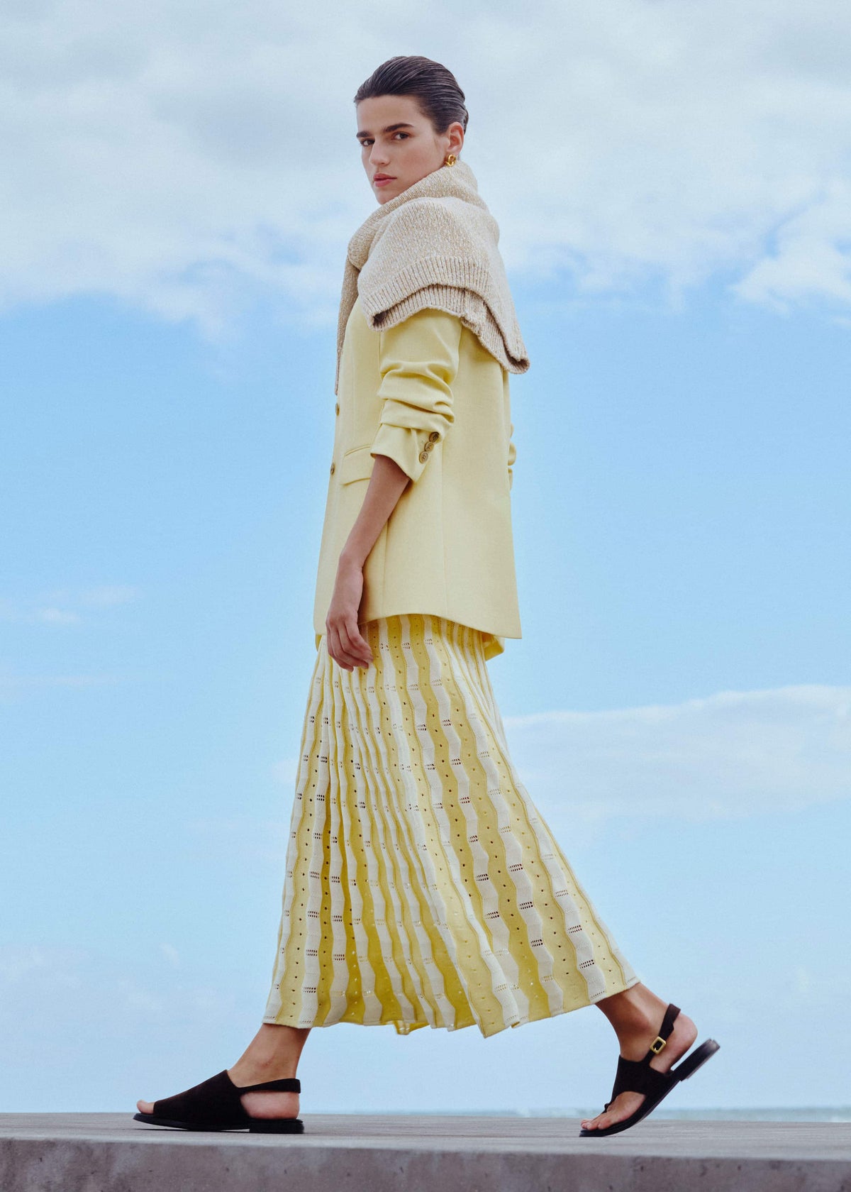 ME+EM Yellow Textured Pointelle Stripe Knit Maxi Dress