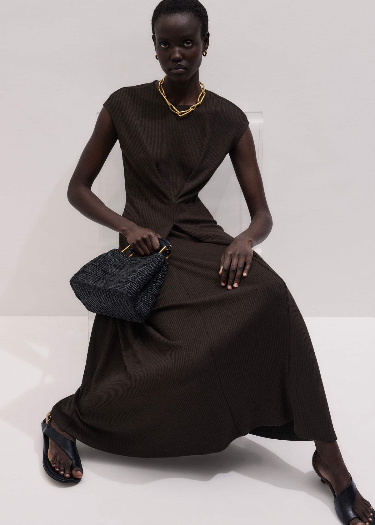 ME+EM Brown Draped Waist Clever Pleat Maxi Dress