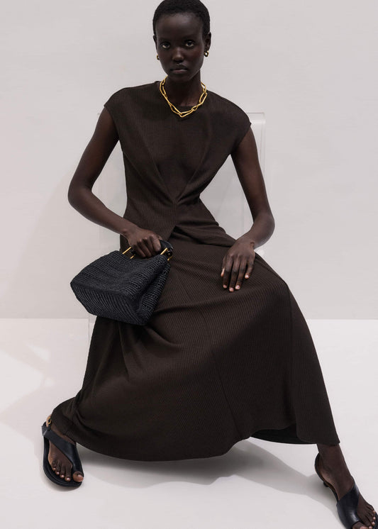 ME+EM Brown Draped Waist Clever Pleat Maxi Dress