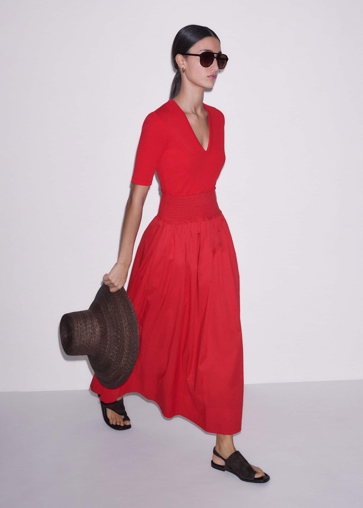 ME+EM Red V-Neck Smocked Skirt Mixed Media Maxi Dress