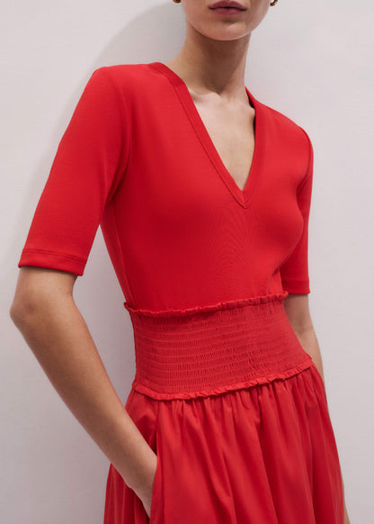 ME+EM Red V-Neck Smocked Skirt Mixed Media Maxi Dress