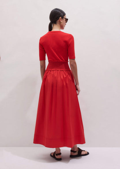 ME+EM Red V-Neck Smocked Skirt Mixed Media Maxi Dress