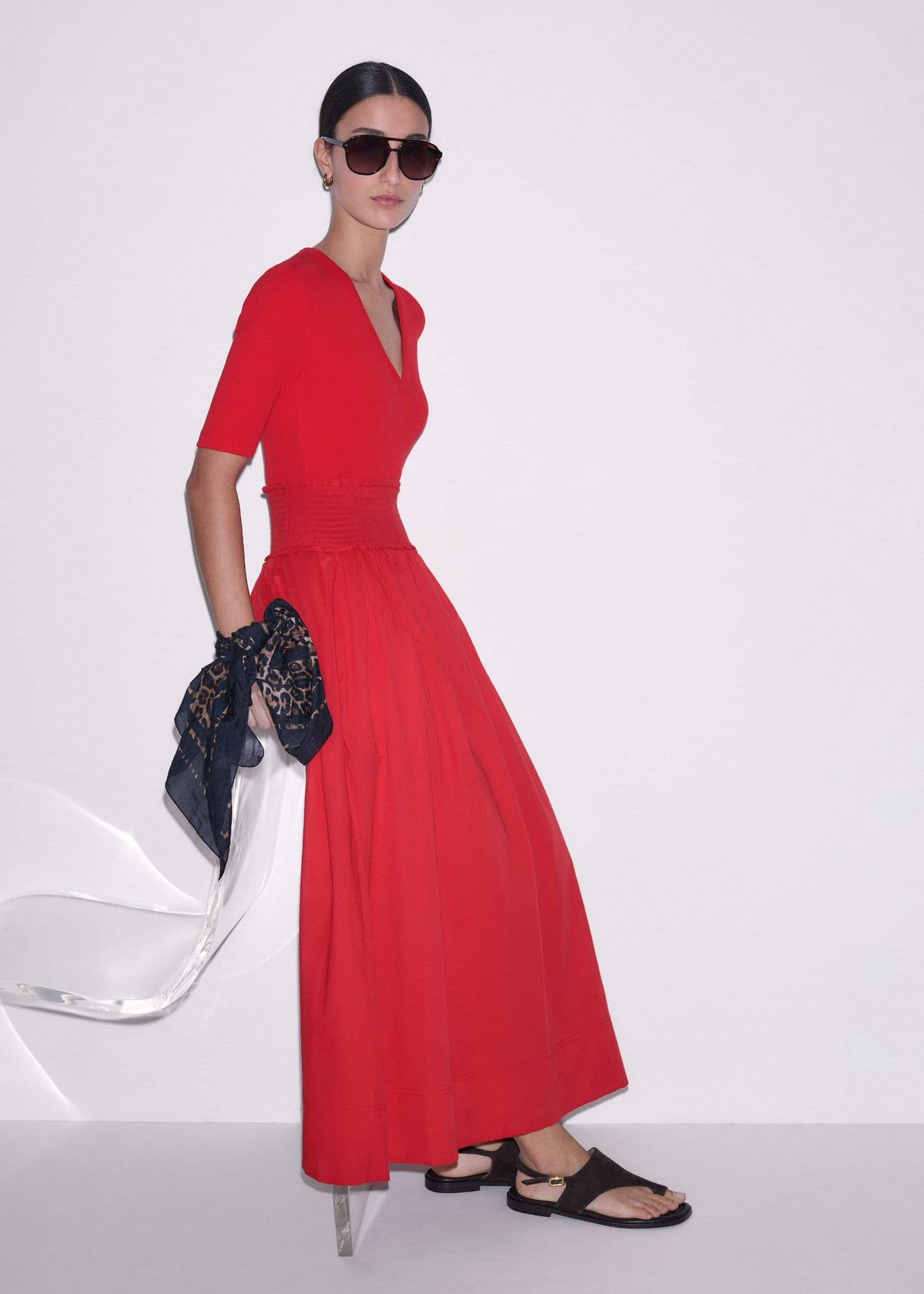 ME+EM Red V-Neck Smocked Skirt Mixed Media Maxi Dress