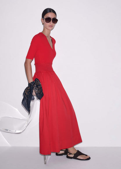 ME+EM Red V-Neck Smocked Skirt Mixed Media Maxi Dress