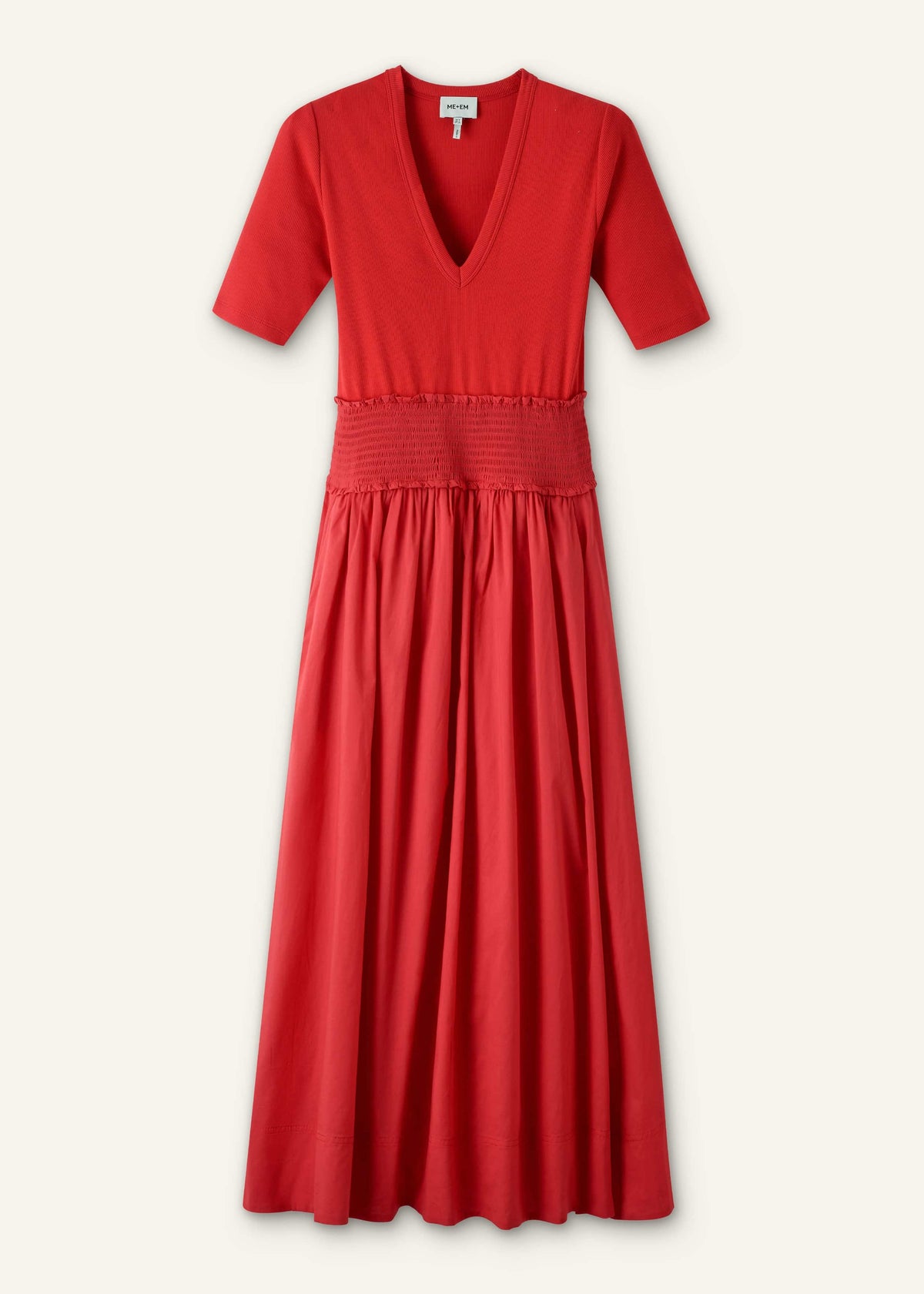 ME+EM Red V-Neck Smocked Skirt Mixed Media Maxi Dress
