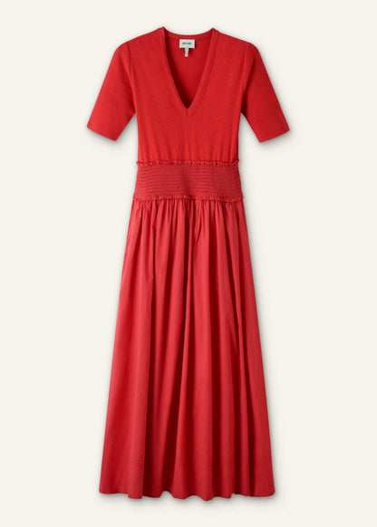 ME+EM Red V-Neck Smocked Skirt Mixed Media Maxi Dress