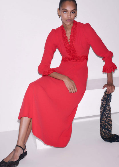 ME+EM Red Fit + Flare Lace Detail Maxi Dress