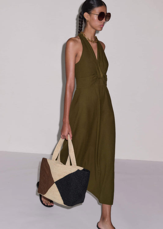 ME+EM Olive Green Crease-Less Linen Twist Front Maxi Dress