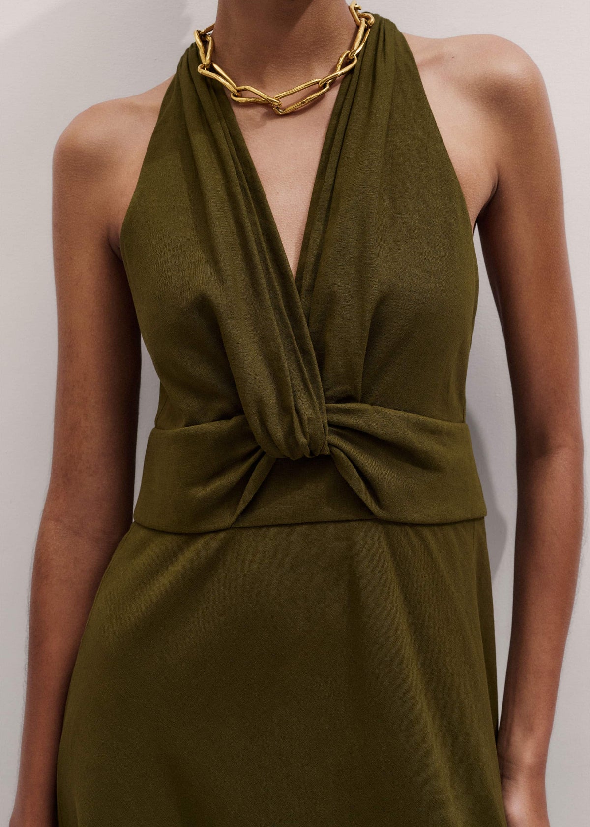 ME+EM Olive Green Crease-Less Linen Twist Front Maxi Dress