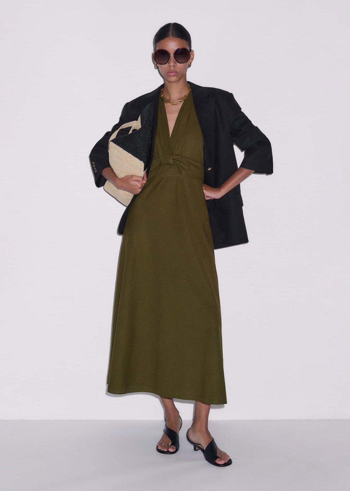 ME+EM Olive Green Crease-Less Linen Twist Front Maxi Dress