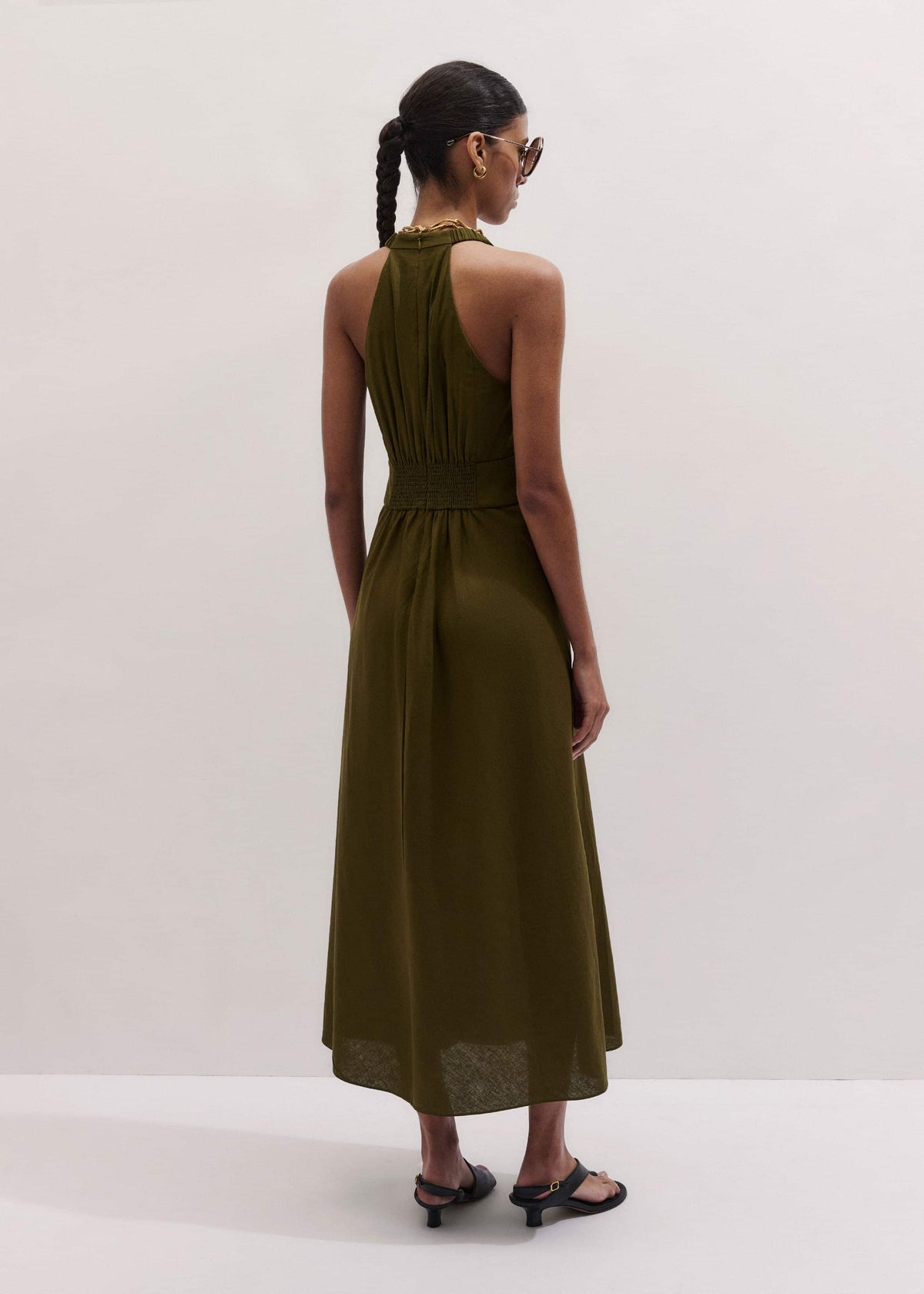 ME+EM Olive Green Crease-Less Linen Twist Front Maxi Dress