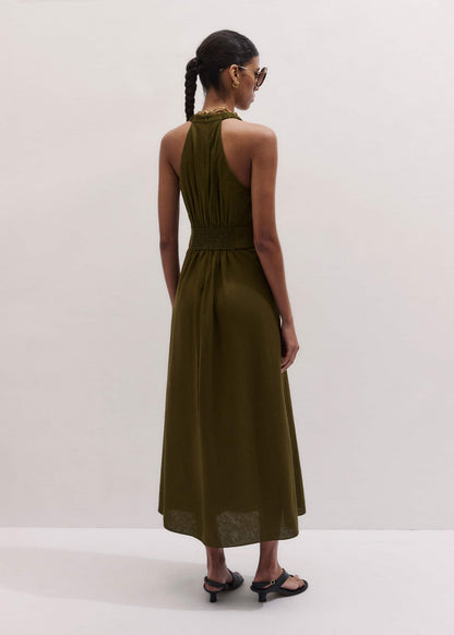 ME+EM Olive Green Crease-Less Linen Twist Front Maxi Dress