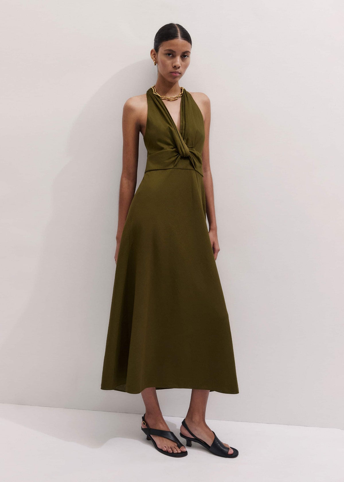 ME+EM Olive Green Crease-Less Linen Twist Front Maxi Dress