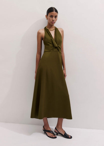 ME+EM Olive Green Crease-Less Linen Twist Front Maxi Dress