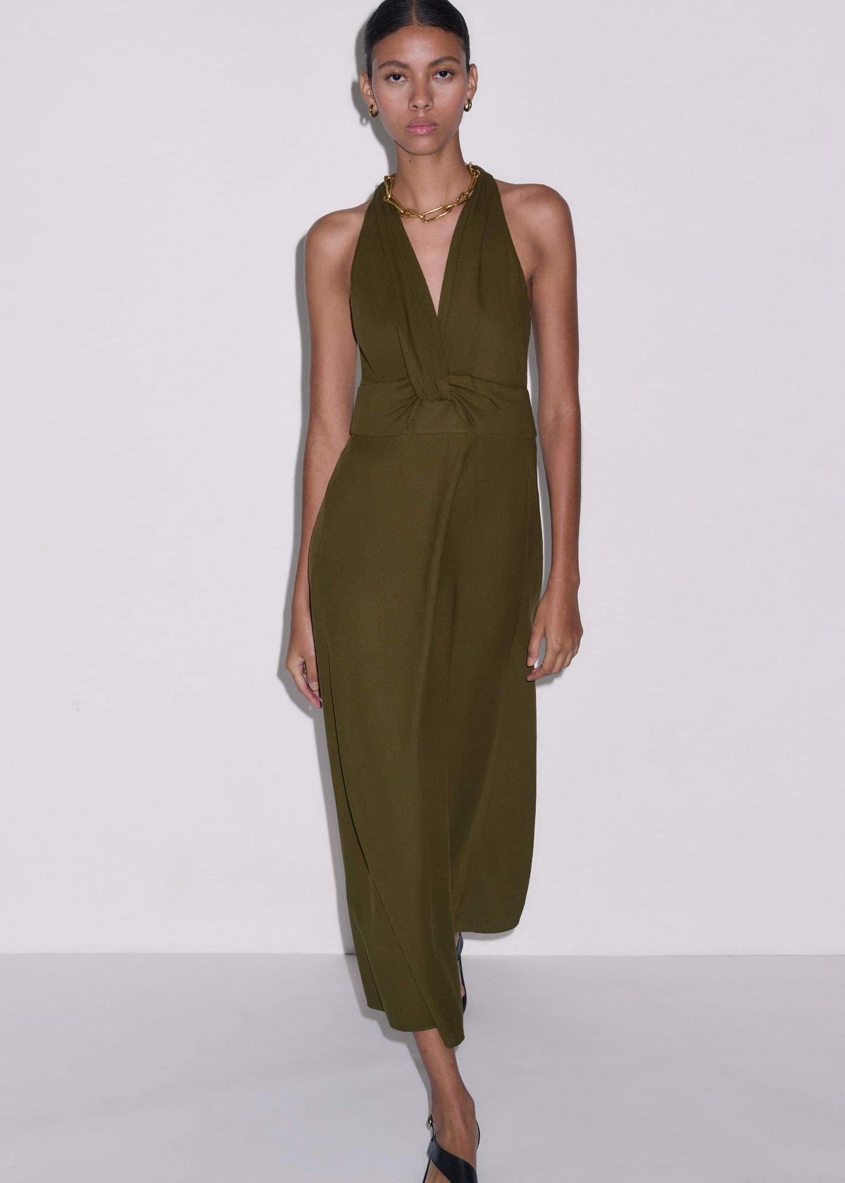 ME+EM Olive Green Crease-Less Linen Twist Front Maxi Dress