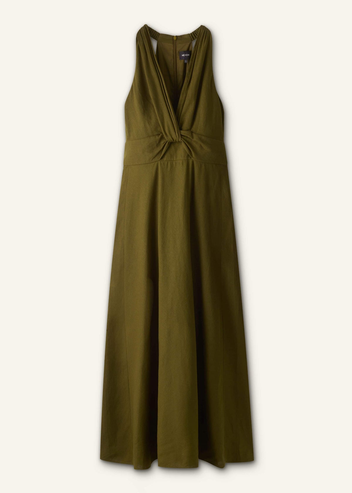 ME+EM Olive Green Crease-Less Linen Twist Front Maxi Dress