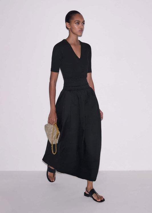 ME+EM Black V-Neck Smocked Skirt Mixed Media Maxi Dress