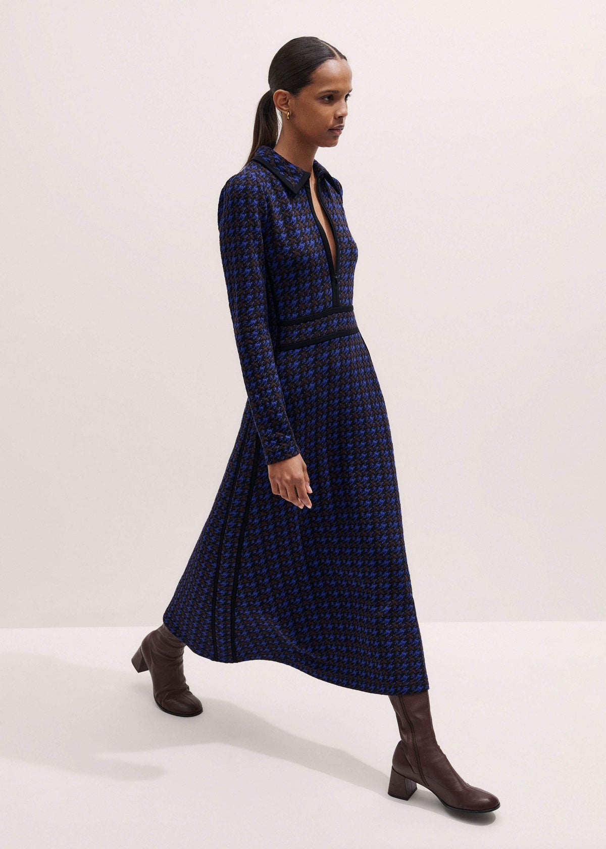 ME+EM Navy Houndstooth Jacquard Ponte Zip Neck Maxi Dress