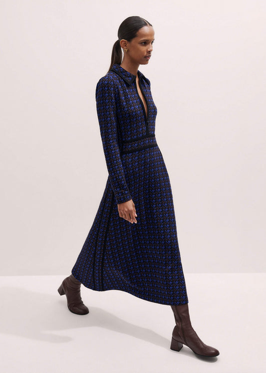 ME+EM Navy Houndstooth Jacquard Ponte Zip Neck Maxi Dress