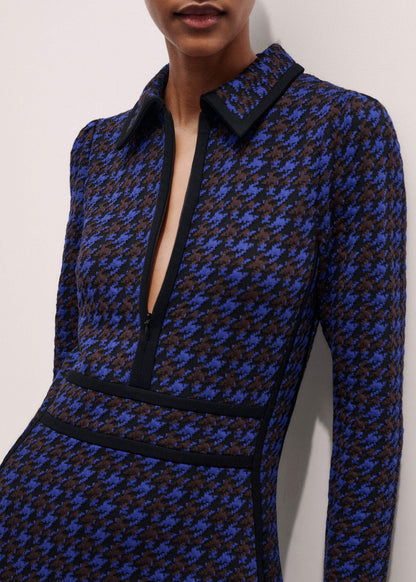 ME+EM Navy Houndstooth Jacquard Ponte Zip Neck Maxi Dress