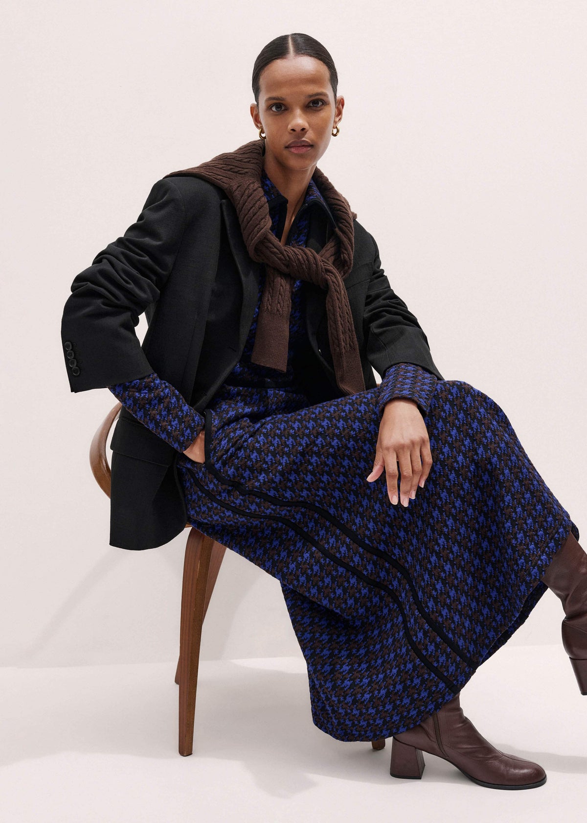 ME+EM Navy Houndstooth Jacquard Ponte Zip Neck Maxi Dress