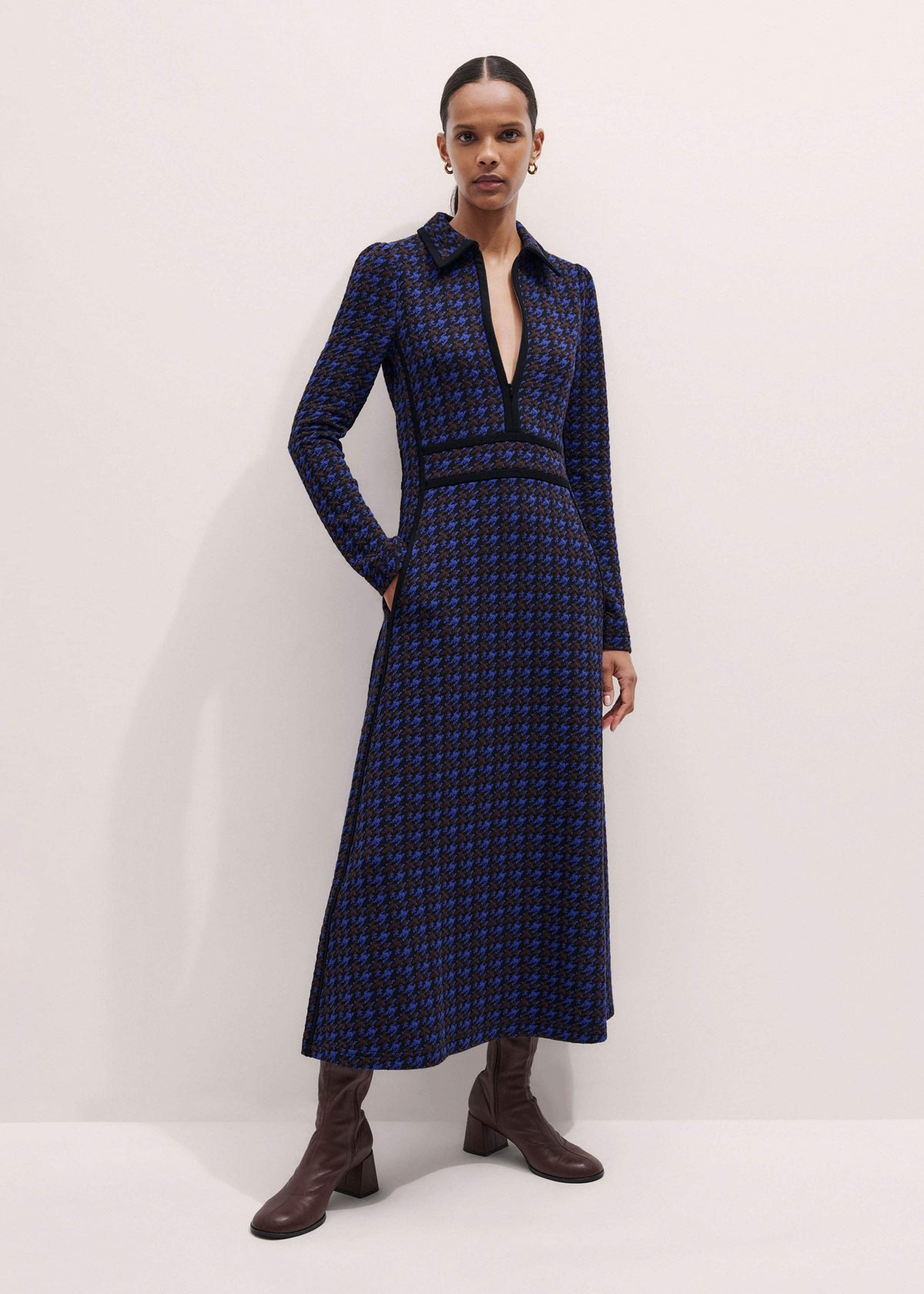 ME+EM Navy Houndstooth Jacquard Ponte Zip Neck Maxi Dress