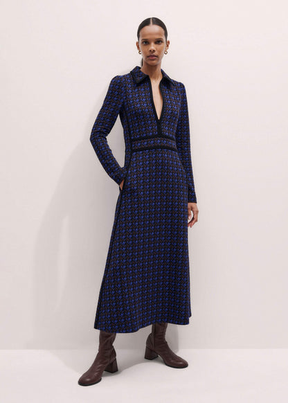 ME+EM Navy Houndstooth Jacquard Ponte Zip Neck Maxi Dress