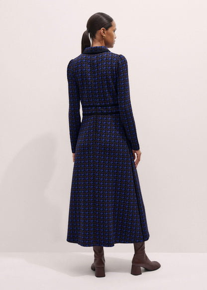 ME+EM Navy Houndstooth Jacquard Ponte Zip Neck Maxi Dress
