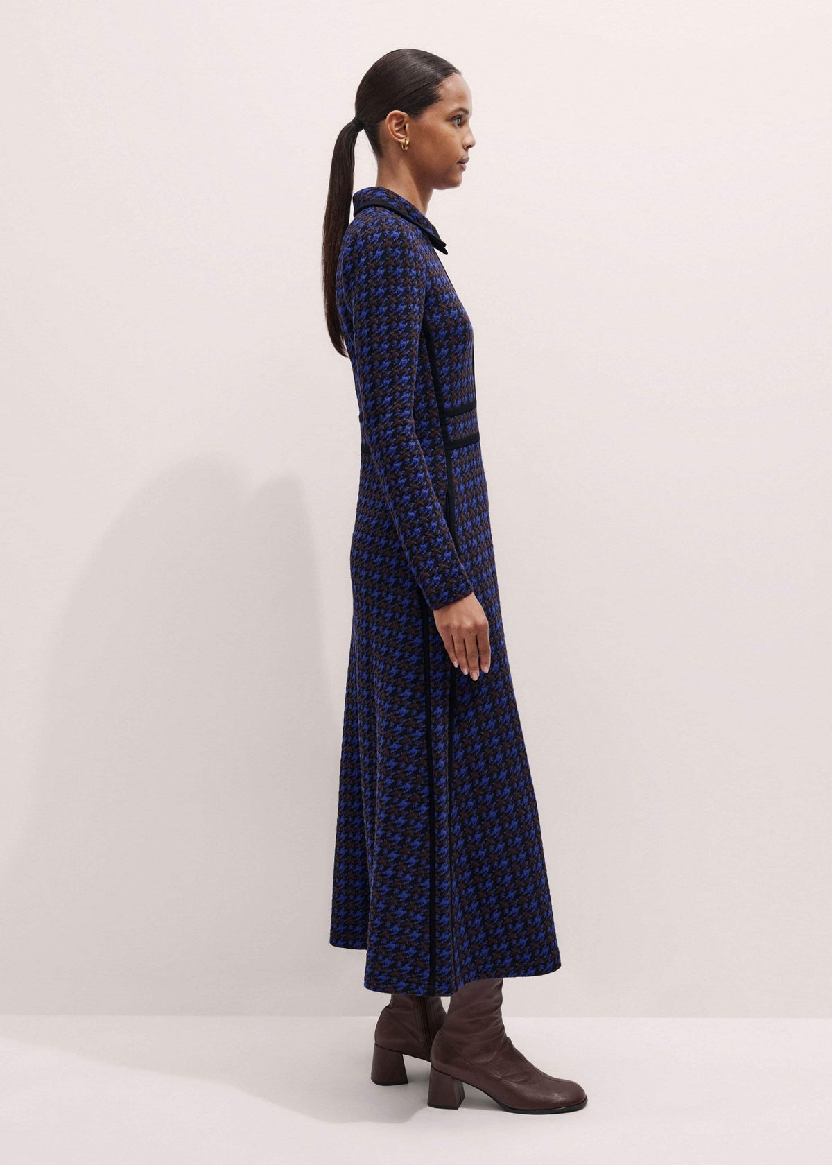 ME+EM Navy Houndstooth Jacquard Ponte Zip Neck Maxi Dress