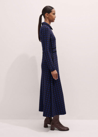 ME+EM Navy Houndstooth Jacquard Ponte Zip Neck Maxi Dress