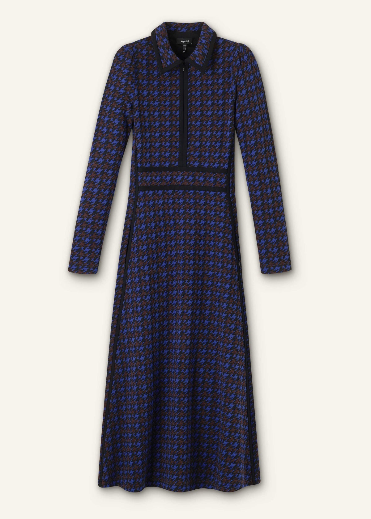 ME+EM Navy Houndstooth Jacquard Ponte Zip Neck Maxi Dress