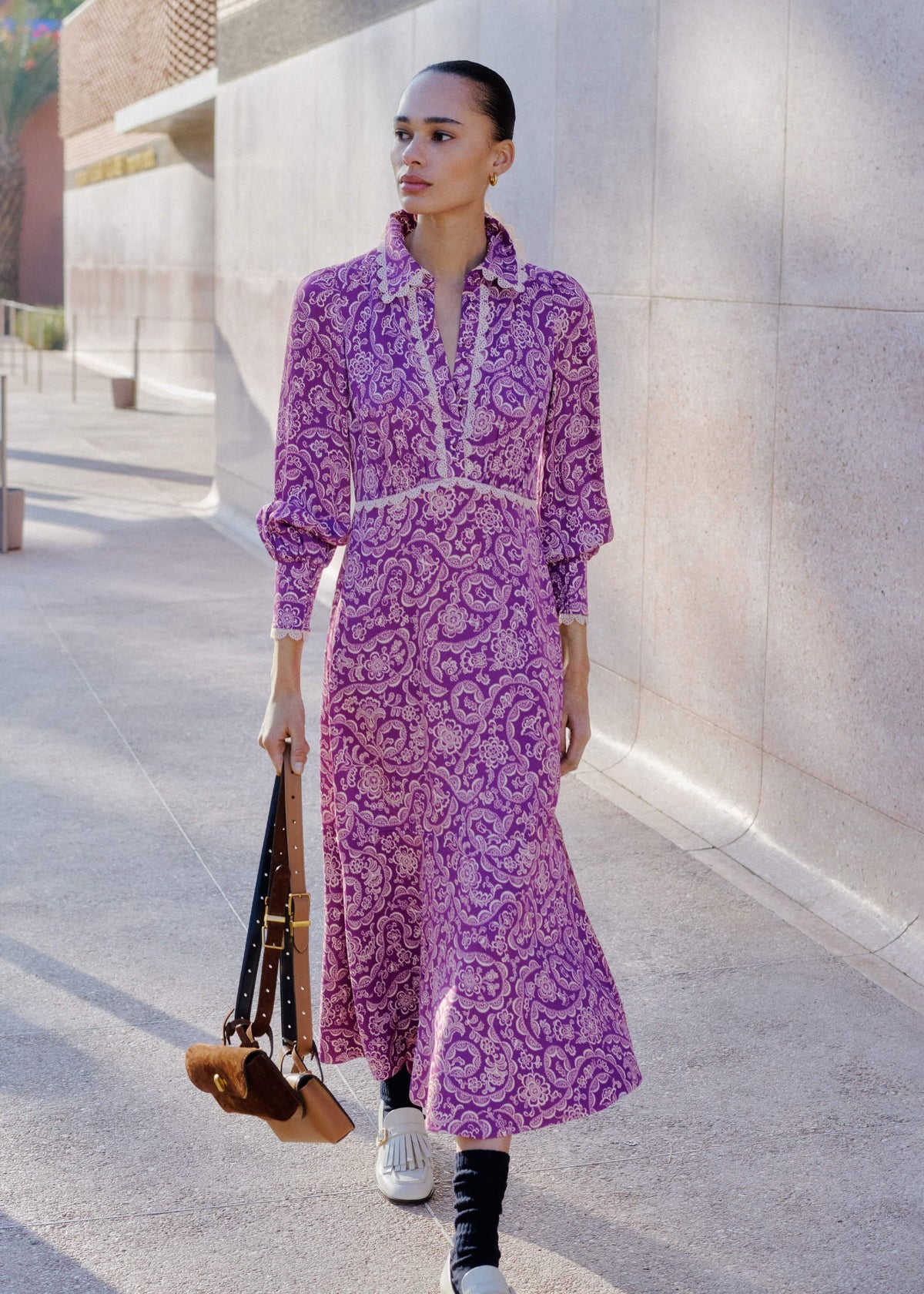 ME+EM Purple Entangled Lace Print Fit + Flare Maxi Dress