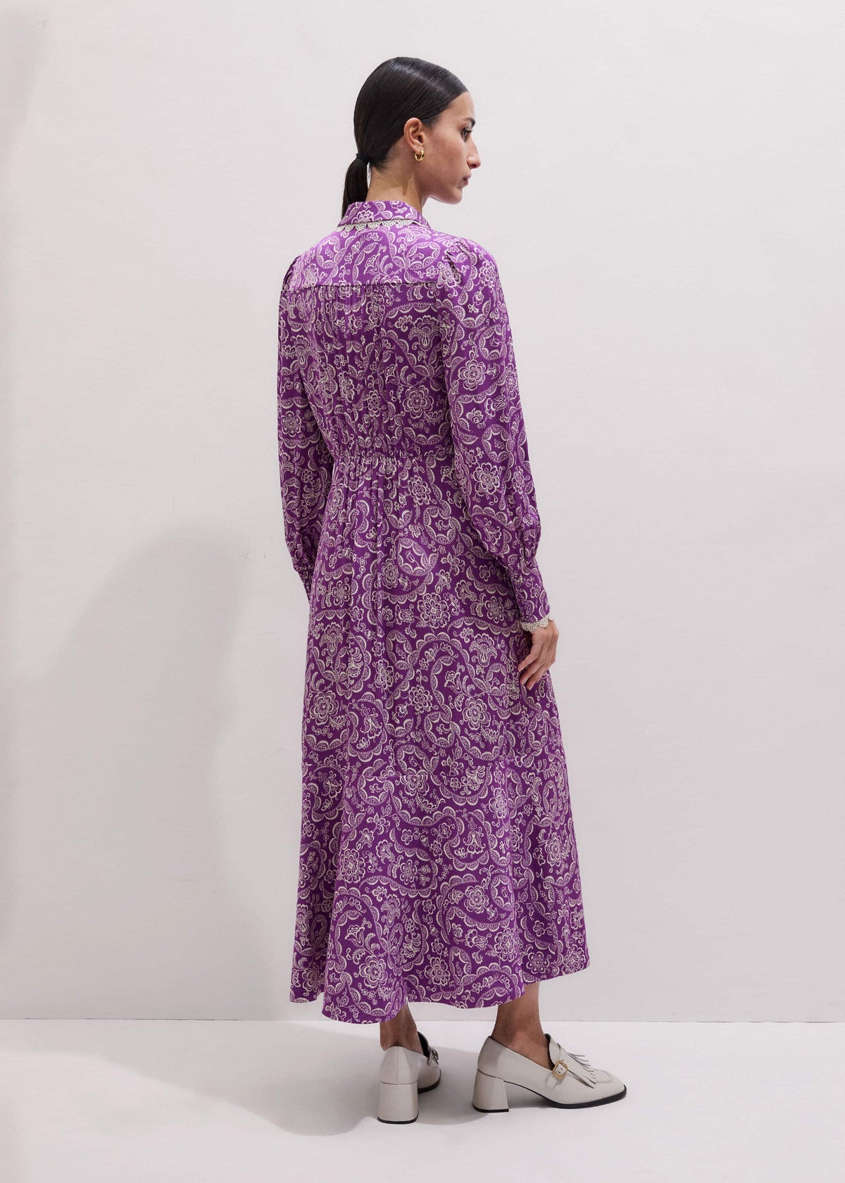 ME+EM Purple Entangled Lace Print Fit + Flare Maxi Dress