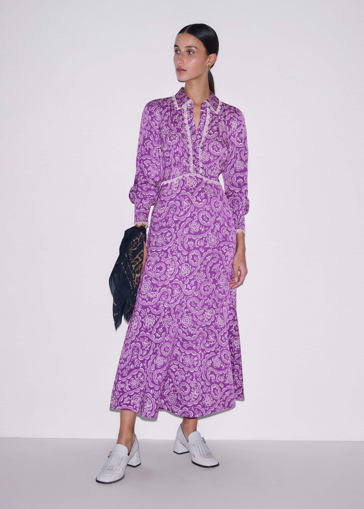 ME+EM Purple Entangled Lace Print Fit + Flare Maxi Dress