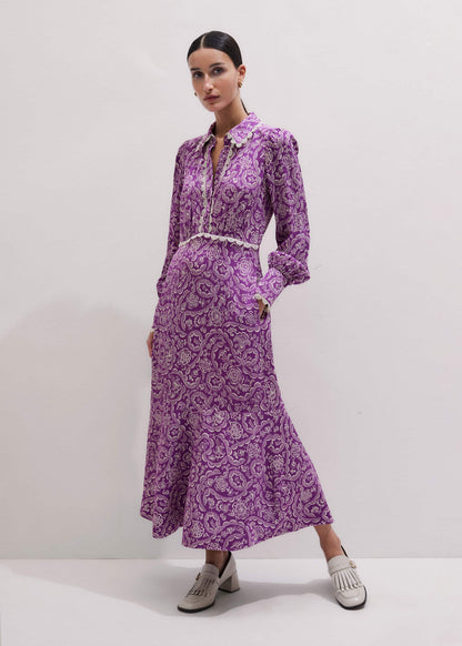 ME+EM Purple Entangled Lace Print Fit + Flare Maxi Dress
