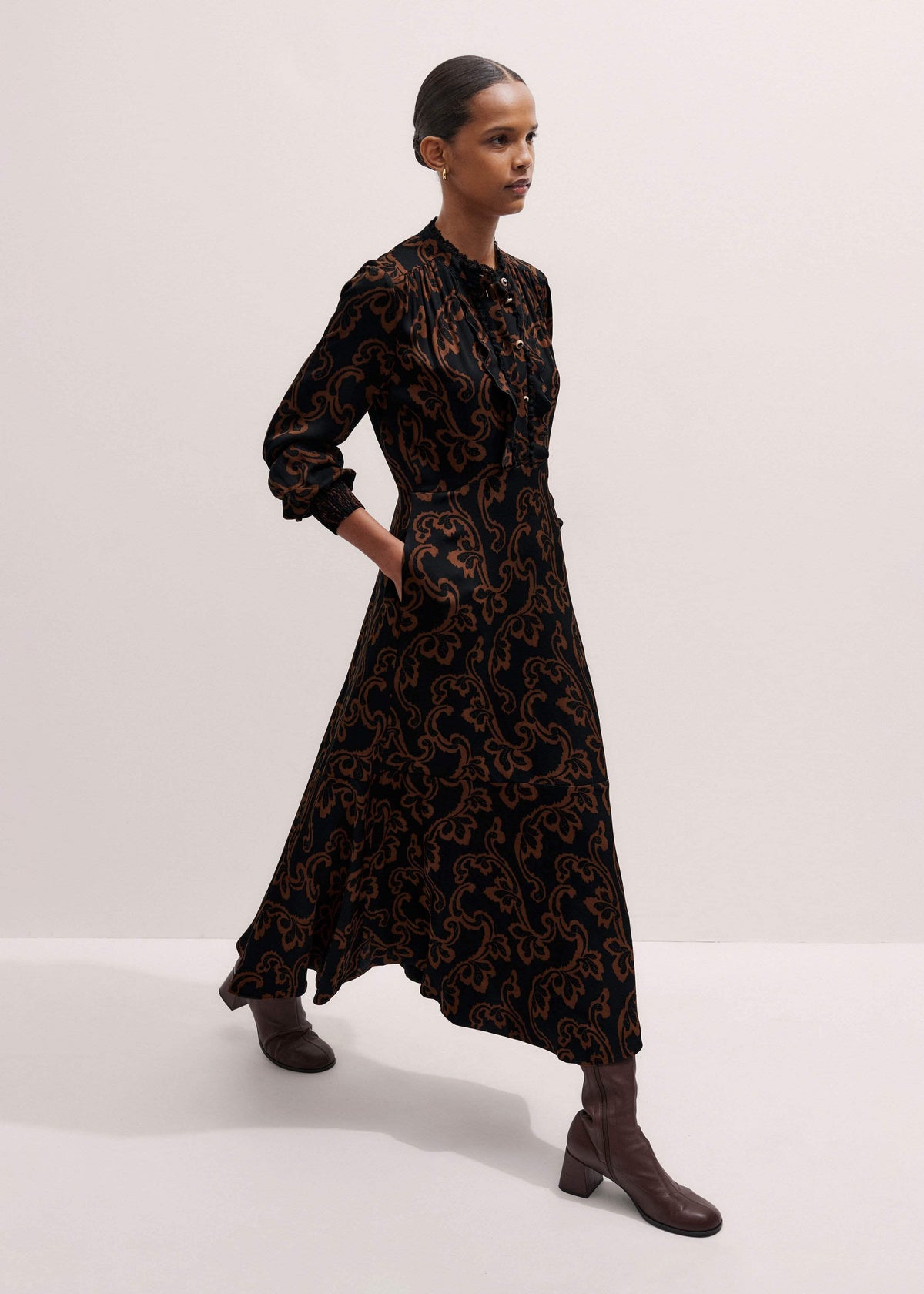 ME+EM Black Floral Scroll Print Crepe Signature Maxi Dress
