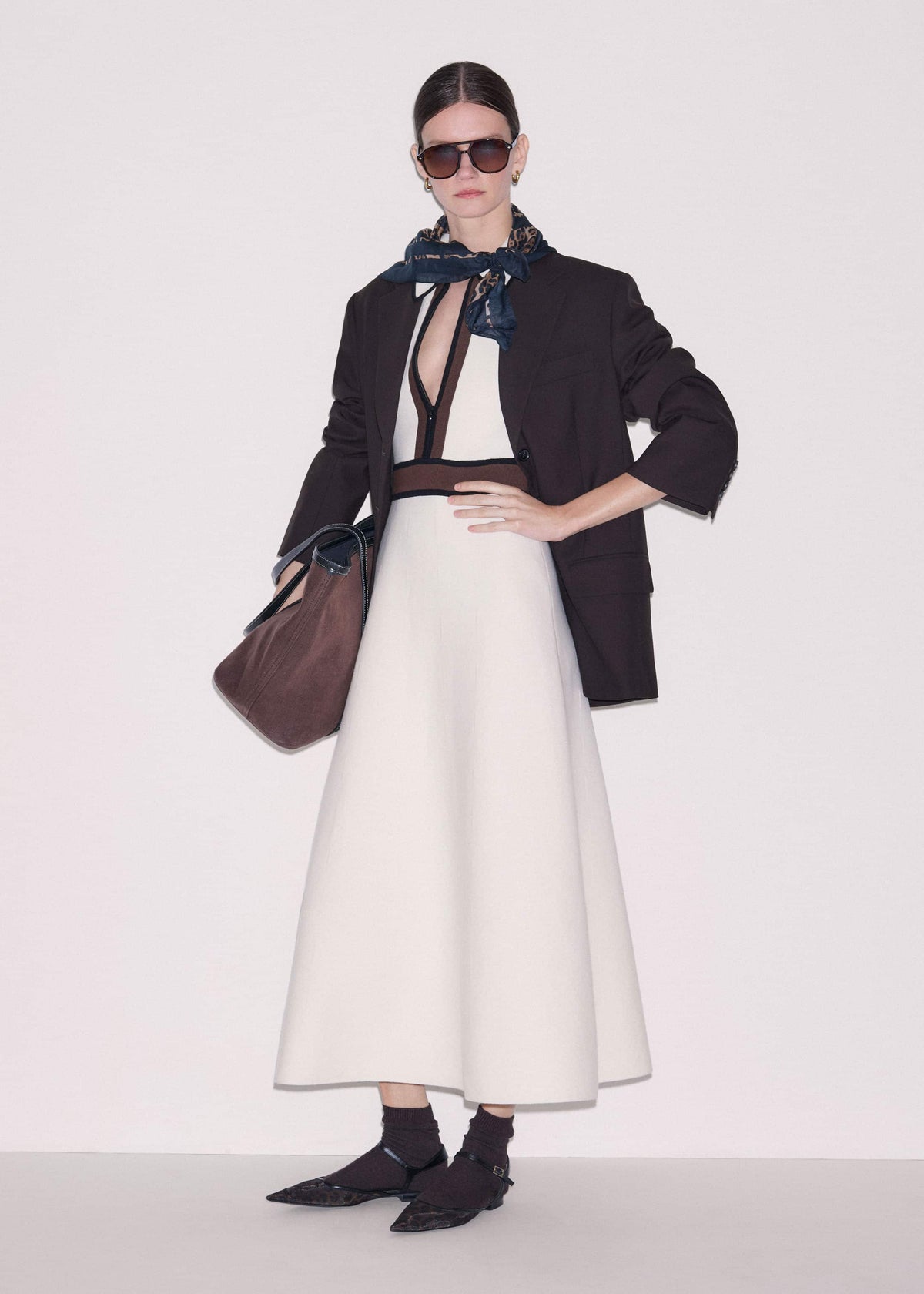 ME+EM Cream Milano Knit Collared Fit + Flare Maxi Dress