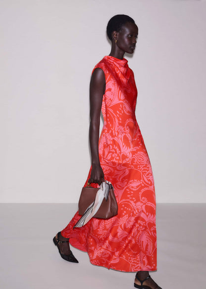 ME+EM Orange Stylised Silhouette Print Bias Cut Full Length Dress