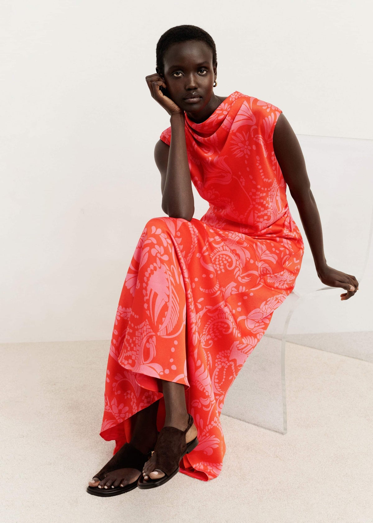 ME+EM Orange Stylised Silhouette Print Bias Cut Full Length Dress